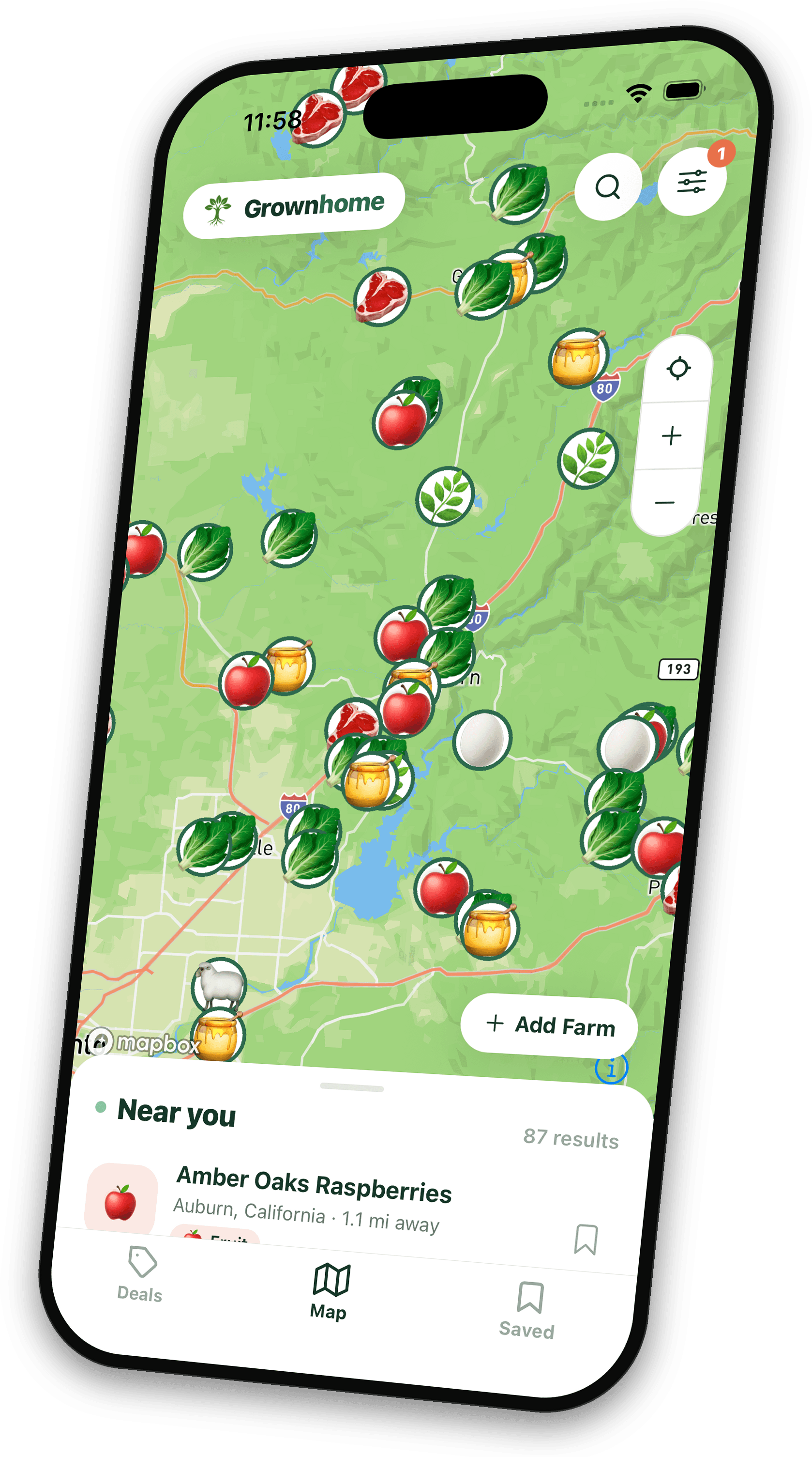 The Grownhome map near Auburn, California, showing farms as produce-category pins for vegetables, fruit, honey, meat and lamb, with the nearest result — Amber Oaks Raspberries, 1.1 miles away — listed underneath.